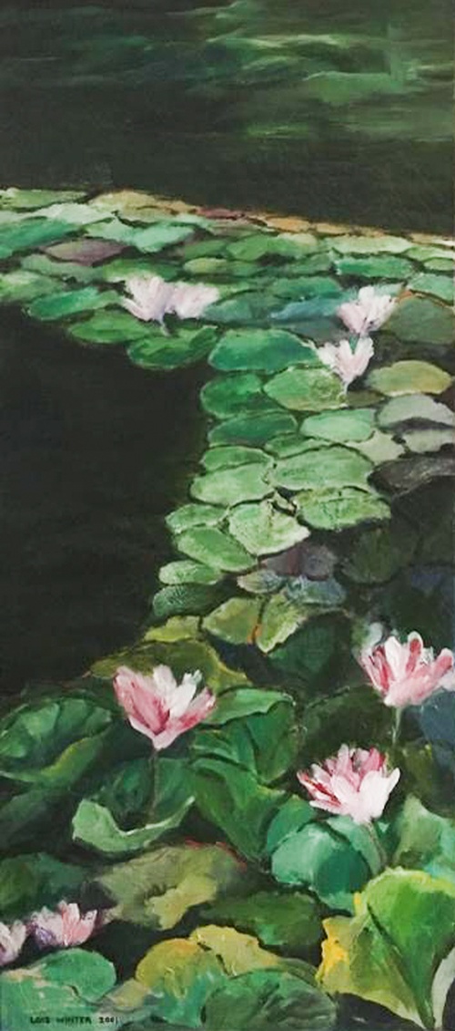 An oil on canvas painting of water flowers by Lois Winter