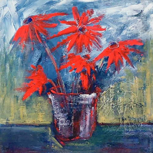 An oil on canvas painting of a vase with flowers by Lois Winter