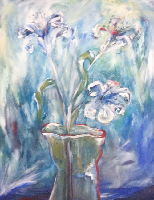 An oil on canvas painting of a vase with flowers by Lois Winter