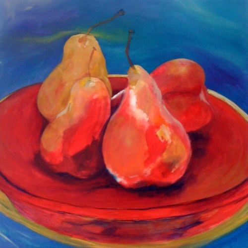 Still life painting with a dish of pears by Lois Winter