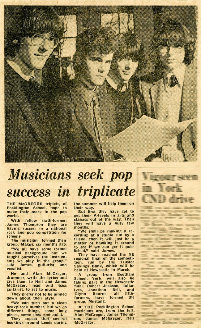 A scan of a newspaper article showing four young musicians from group called Magus