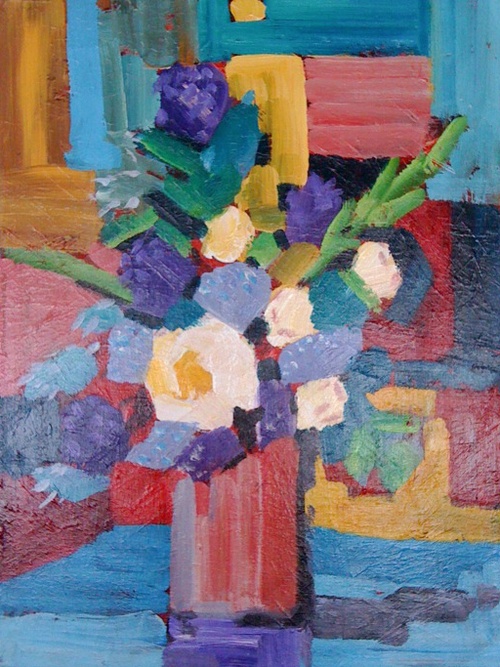 An oil on canvas painting of a vase with flowers by Lois Winter