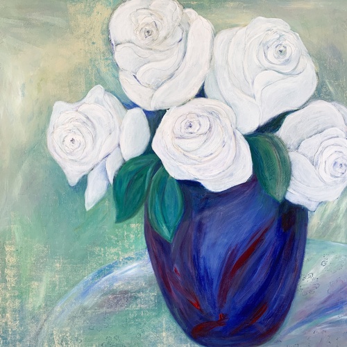 An oil on canvas painting of a vase with white rose flowers by Lois Winter