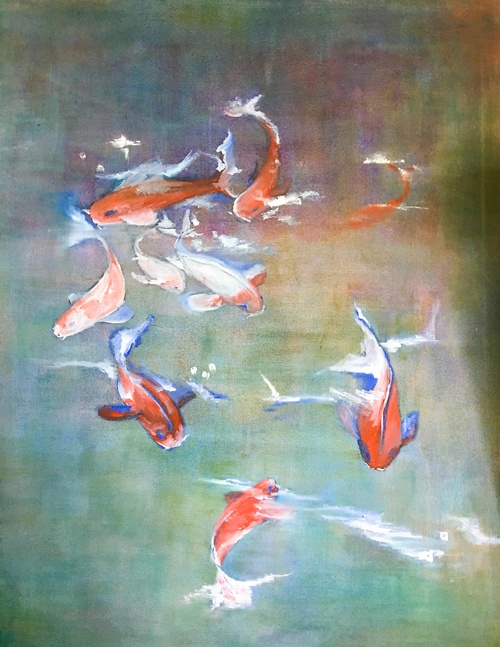 An oil on canvas painting of fish in a pond by Lois Winter