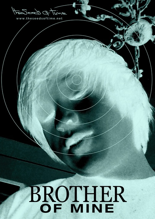 Poster art for song 'Brother of Mine' by The Seeds of Time an with inverted monochrome colour picture of a boy with radial communication waves originating from his forehead