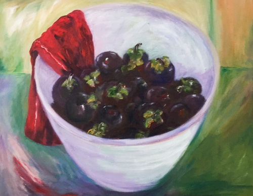 An oil on canvas painting of bowl of fruit by Lois Winter