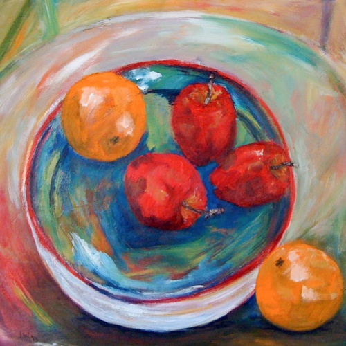 An oil on canvas painting of apples and oranges in a bowl by Lois Winter