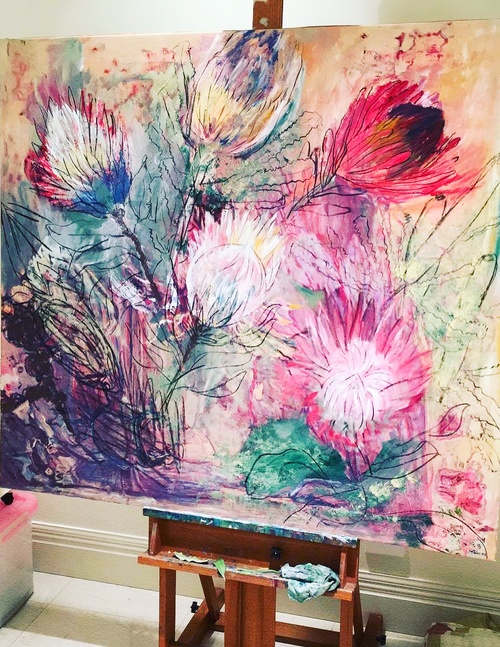 An oil on canvas painting of flowers by Lois Winter