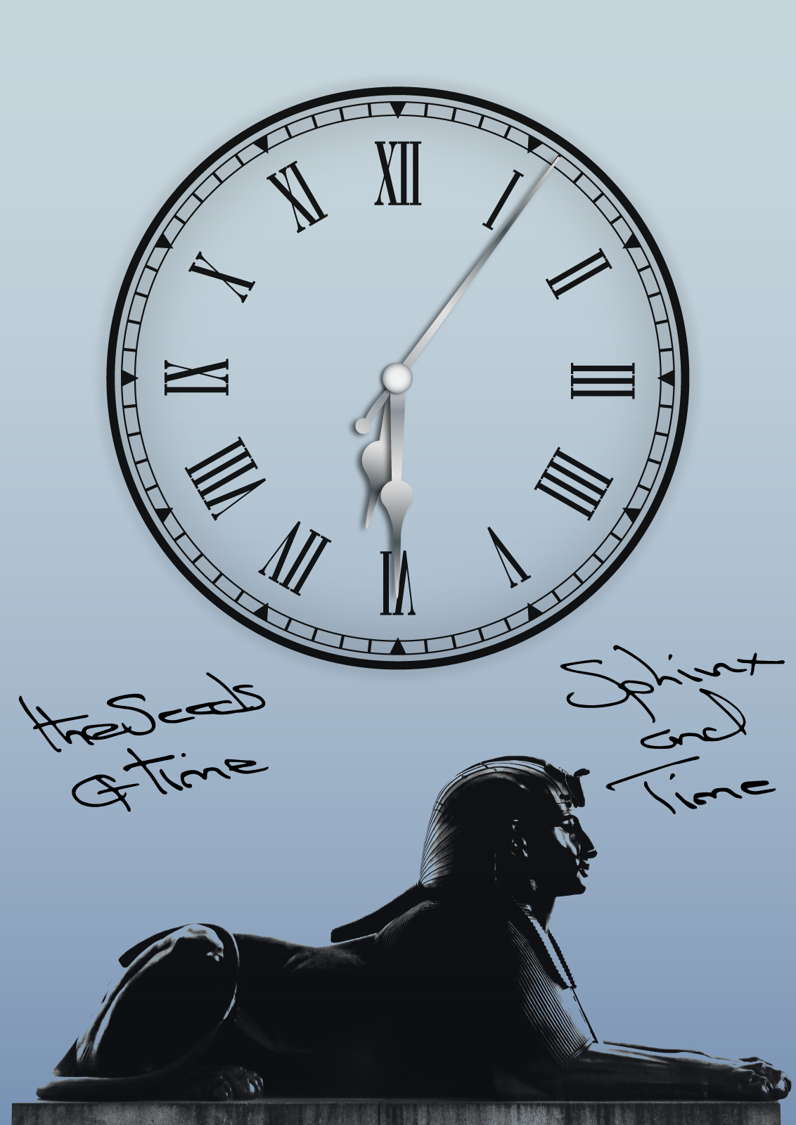 Poster art for EP album titled Sphinx and Time by The Seeds of Time on which there is a digital design of a clock showing 6:30:06 on a sky blue background with a dark bronze sphinx in the lower part of the poster