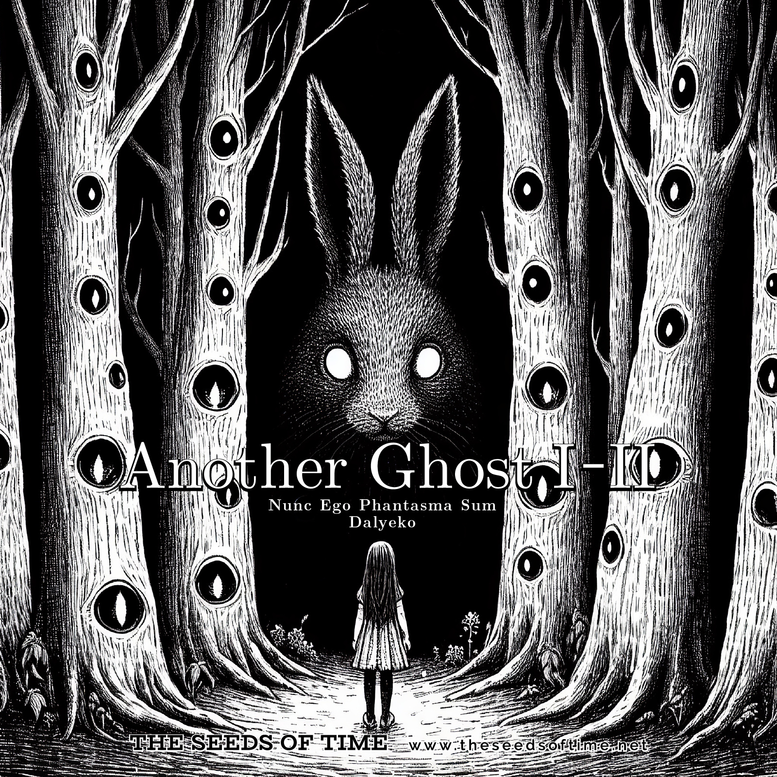 Track image for The Seeds of Time track titled Another Ghost I-II in a style of black and white engraving print showing a girl alone in the dark woods with a giant sinister rabbit looking at her head on